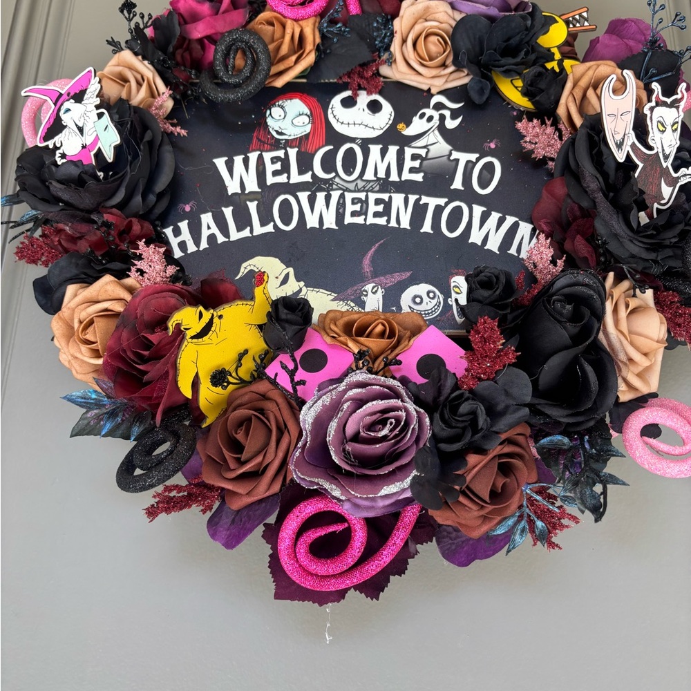 Halloween Town Wreath with Pink and Black Roses - Picture 2 of 6